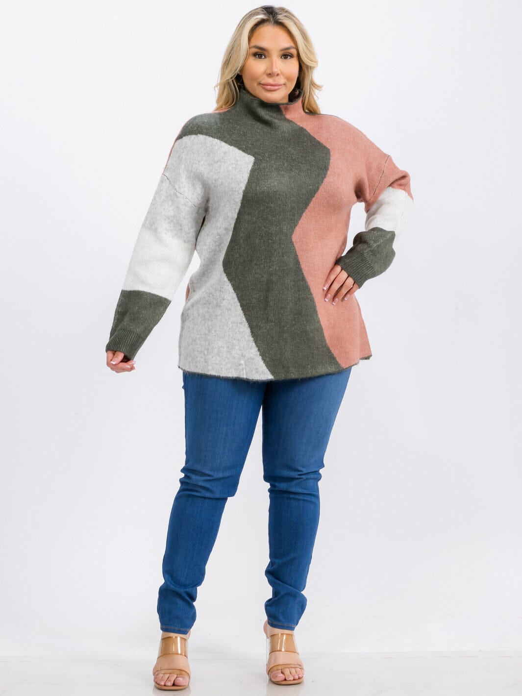PLUS SIZE LONG SLEEVE MOCK NECK COLORBLOCK PULLOVER SWEATER