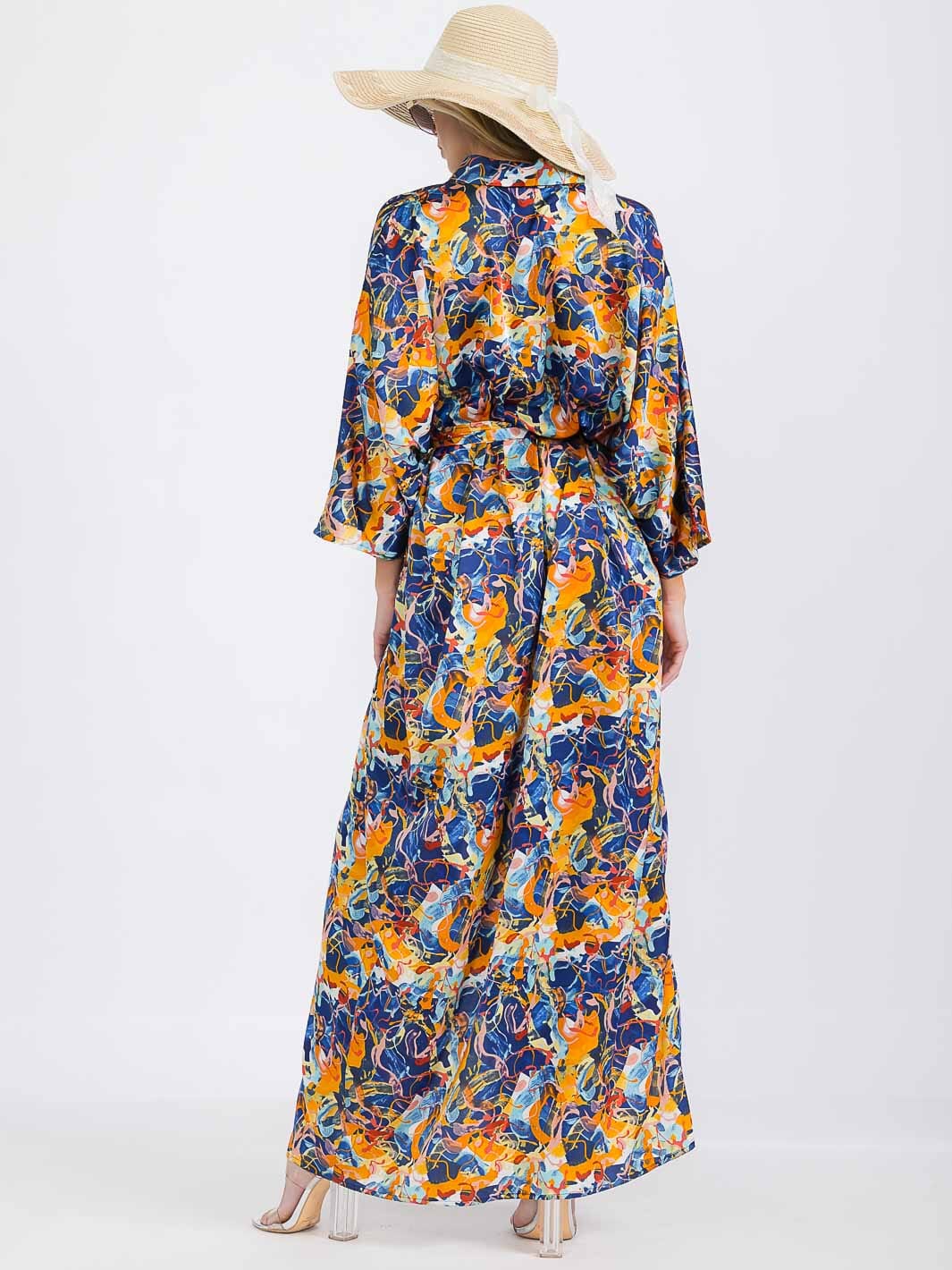 WOMEN'S 3/4 SLEEVE V-NECK BUTTON UP MULTI PRINT MAXI DRESS