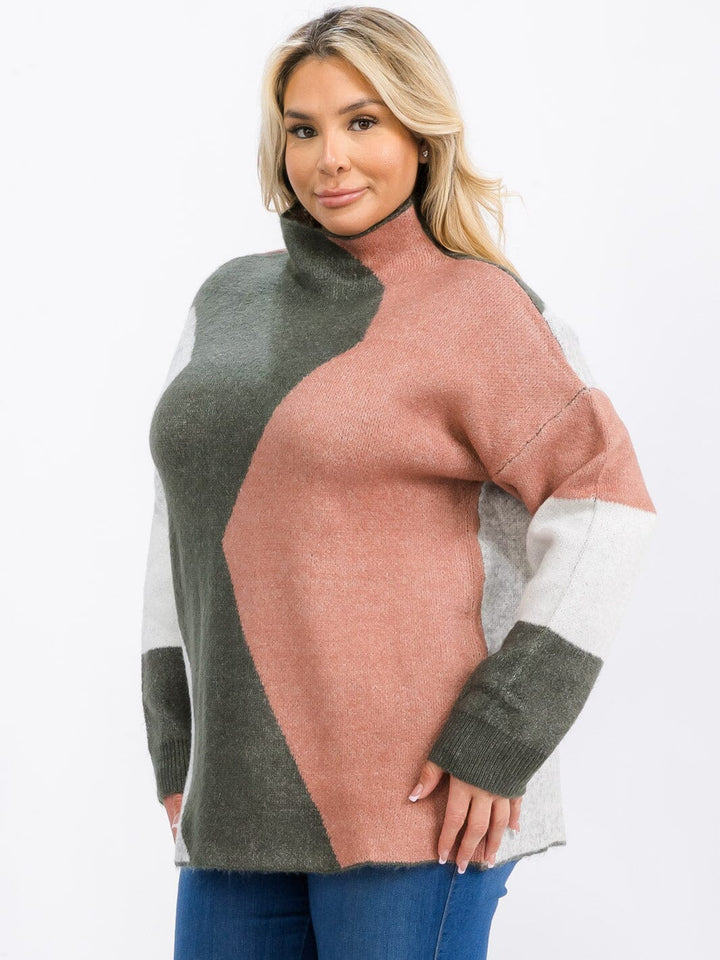 PLUS SIZE LONG SLEEVE MOCK NECK COLORBLOCK PULLOVER SWEATER
