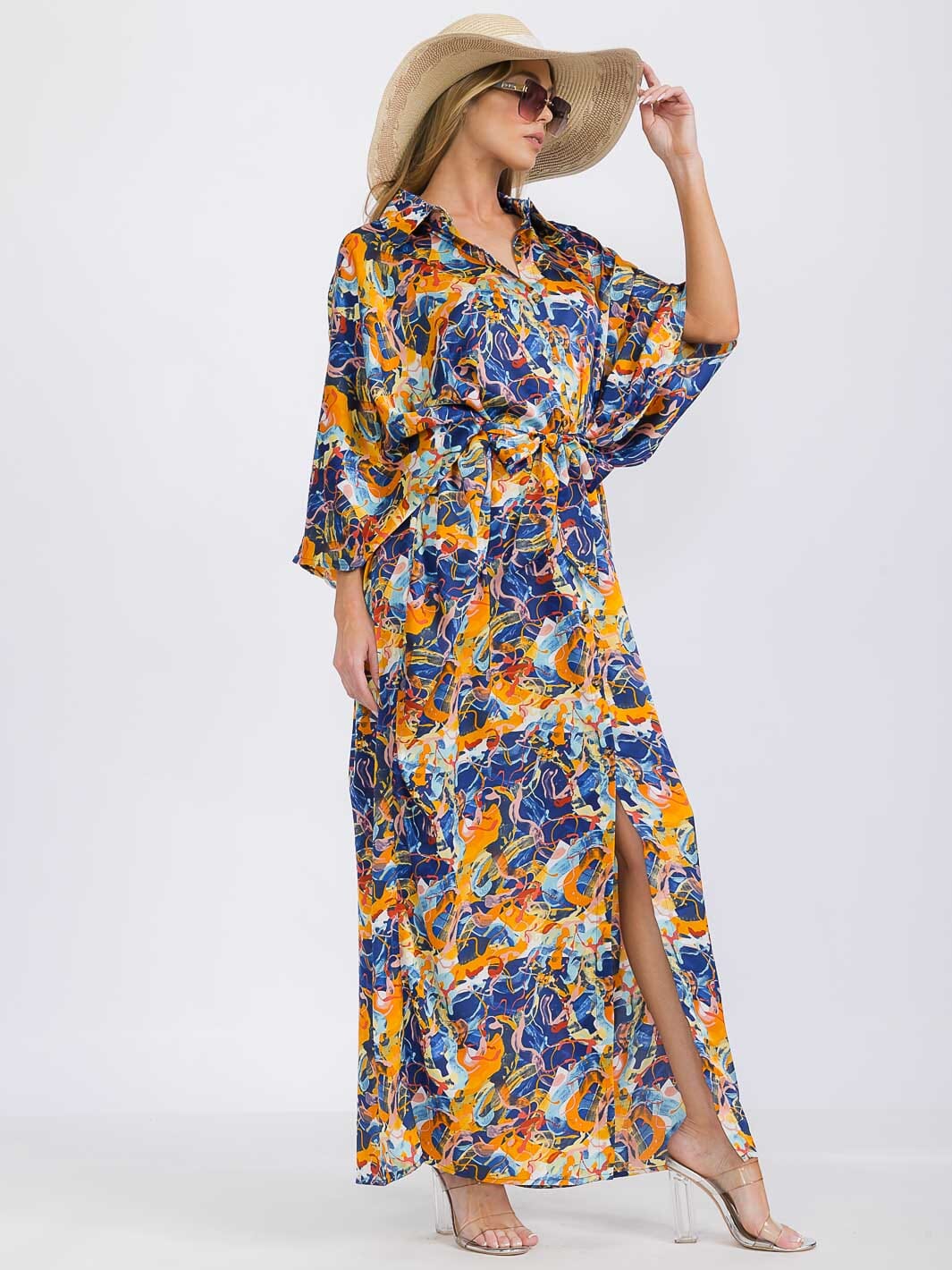 WOMEN'S 3/4 SLEEVE V-NECK BUTTON UP MULTI PRINT MAXI DRESS