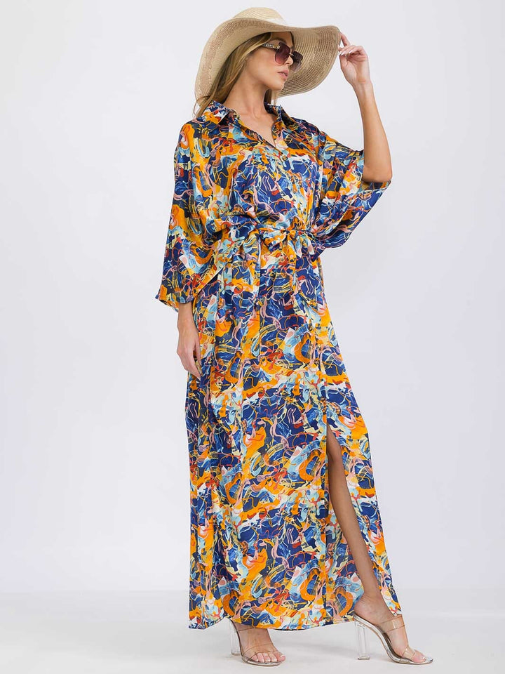 WOMEN'S 3/4 SLEEVE V-NECK BUTTON UP MULTI PRINT MAXI DRESS