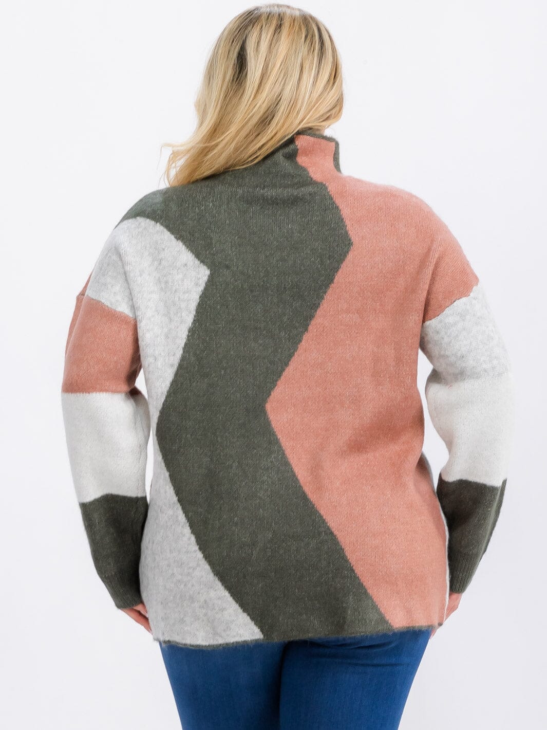 PLUS SIZE LONG SLEEVE MOCK NECK COLORBLOCK PULLOVER SWEATER