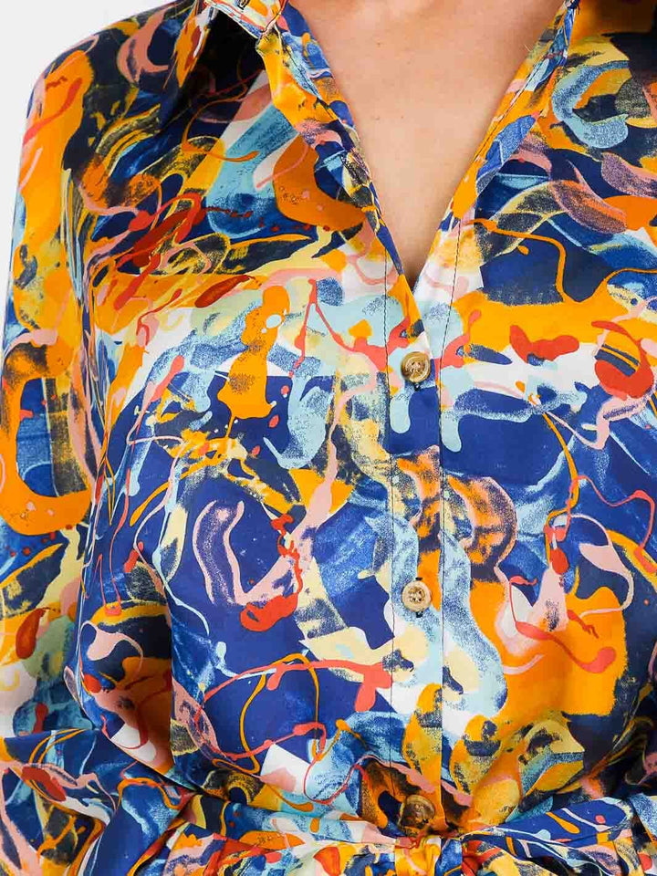 WOMEN'S 3/4 SLEEVE V-NECK BUTTON UP MULTI PRINT MAXI DRESS