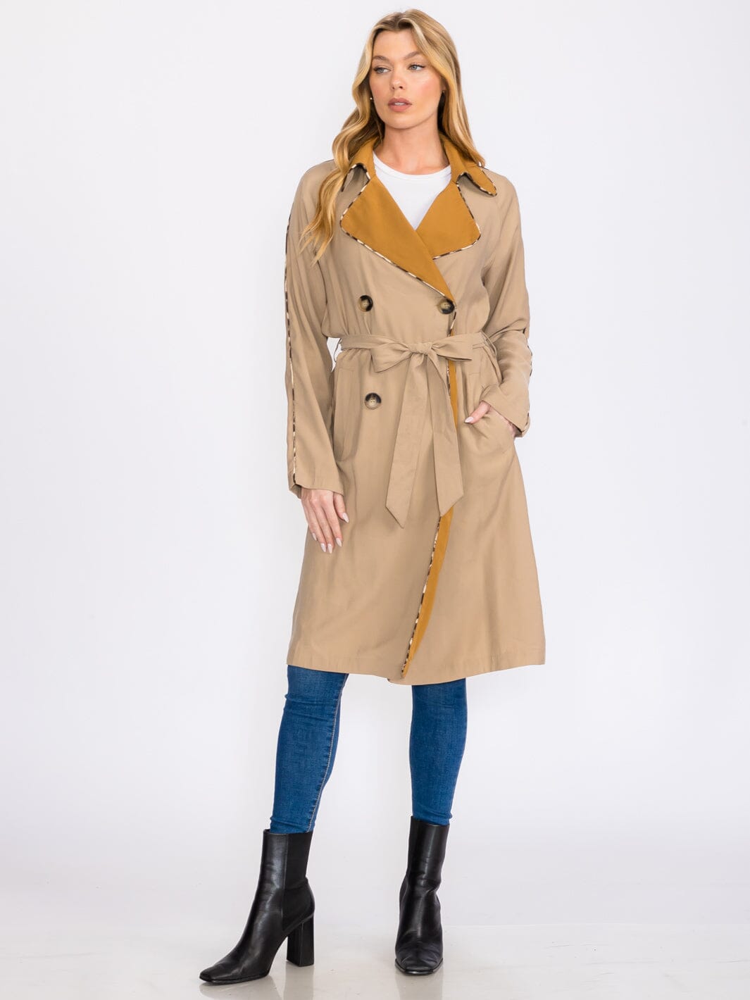 WOMEN'S LONG SLEEVES BUTTON CLOSURE FRONT POCKETS ANIMAL PRINT TRIM COAT