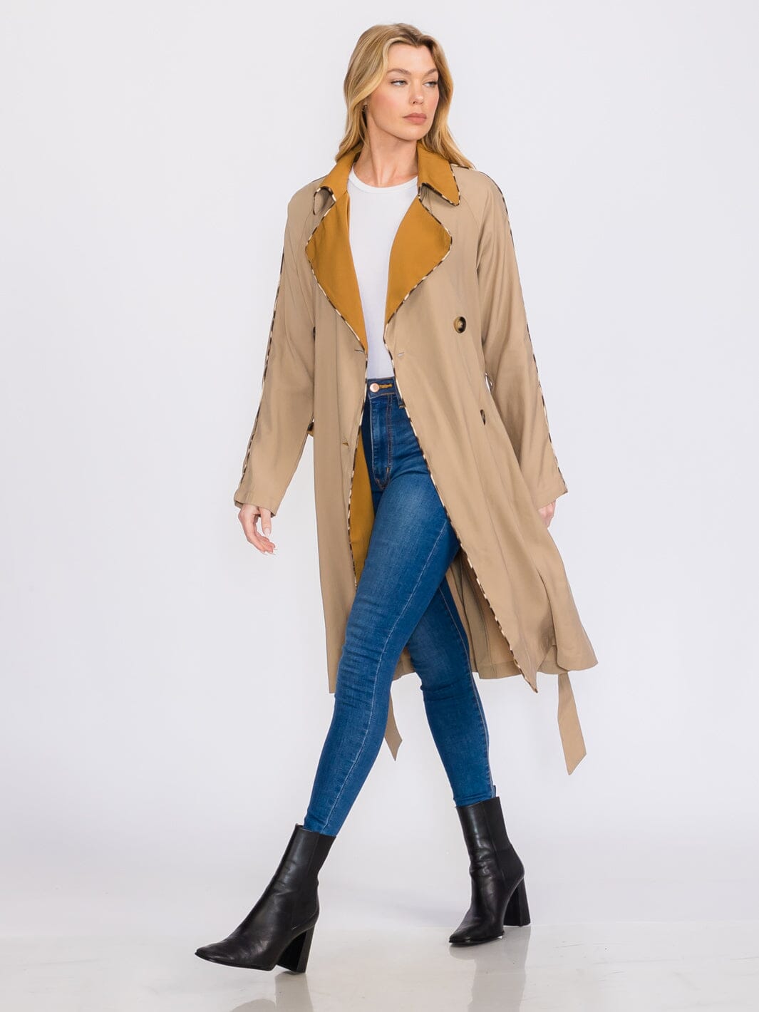 WOMEN'S LONG SLEEVES BUTTON CLOSURE FRONT POCKETS ANIMAL PRINT TRIM COAT