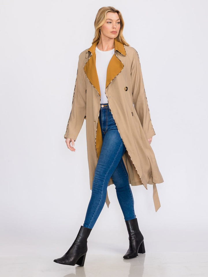 WOMEN'S LONG SLEEVES BUTTON CLOSURE FRONT POCKETS ANIMAL PRINT TRIM COAT