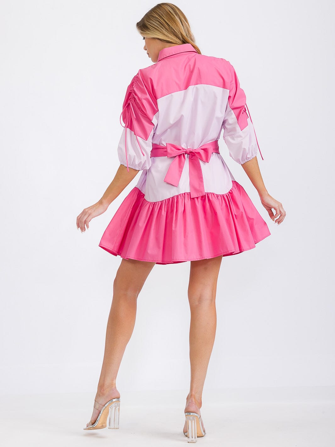 WOMEN'S SHORT SLEEVE BUTTON UP COLORBLOCK MINI DRESS
