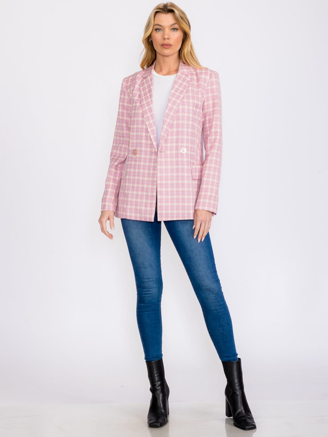 WOMEN'S LONG SLEEVES BUTTON CLOSURE CHEKERS PRINT BLAZER