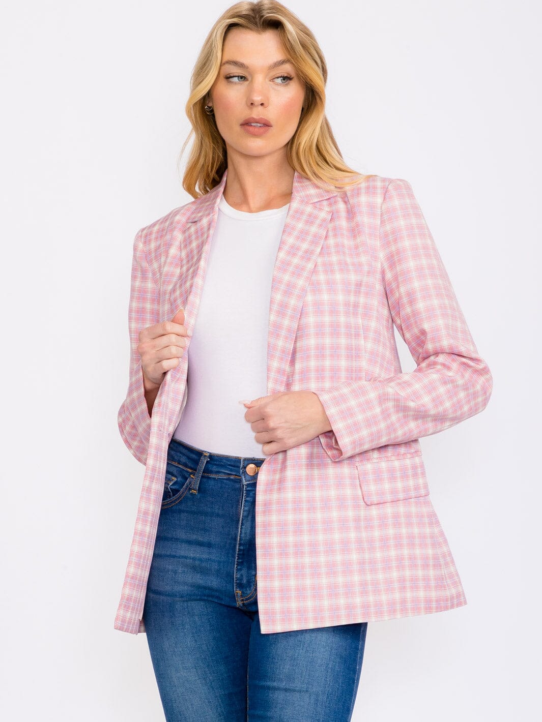 WOMEN'S LONG SLEEVES BUTTON CLOSURE CHEKERS PRINT BLAZER