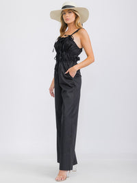WOMEN'S SLEEVELESS RUCHED FRONT POCKETS WIDE LEG JUMPSUIT