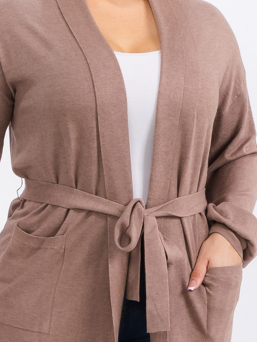 PLUS SIZE LONG SLEEVE OPEN FRONT SELF TIE POCKETS CARDIGAN