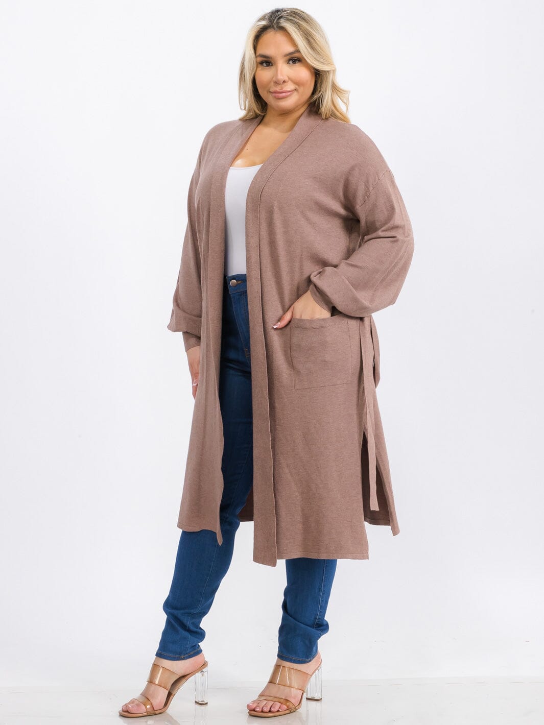 PLUS SIZE LONG SLEEVE OPEN FRONT SELF TIE POCKETS CARDIGAN