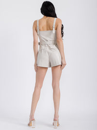 WOMEN'S SLEEVELESS ZIPPER CLOSURE POCKETS FRONT BELT PU PLEATHER ROMPER