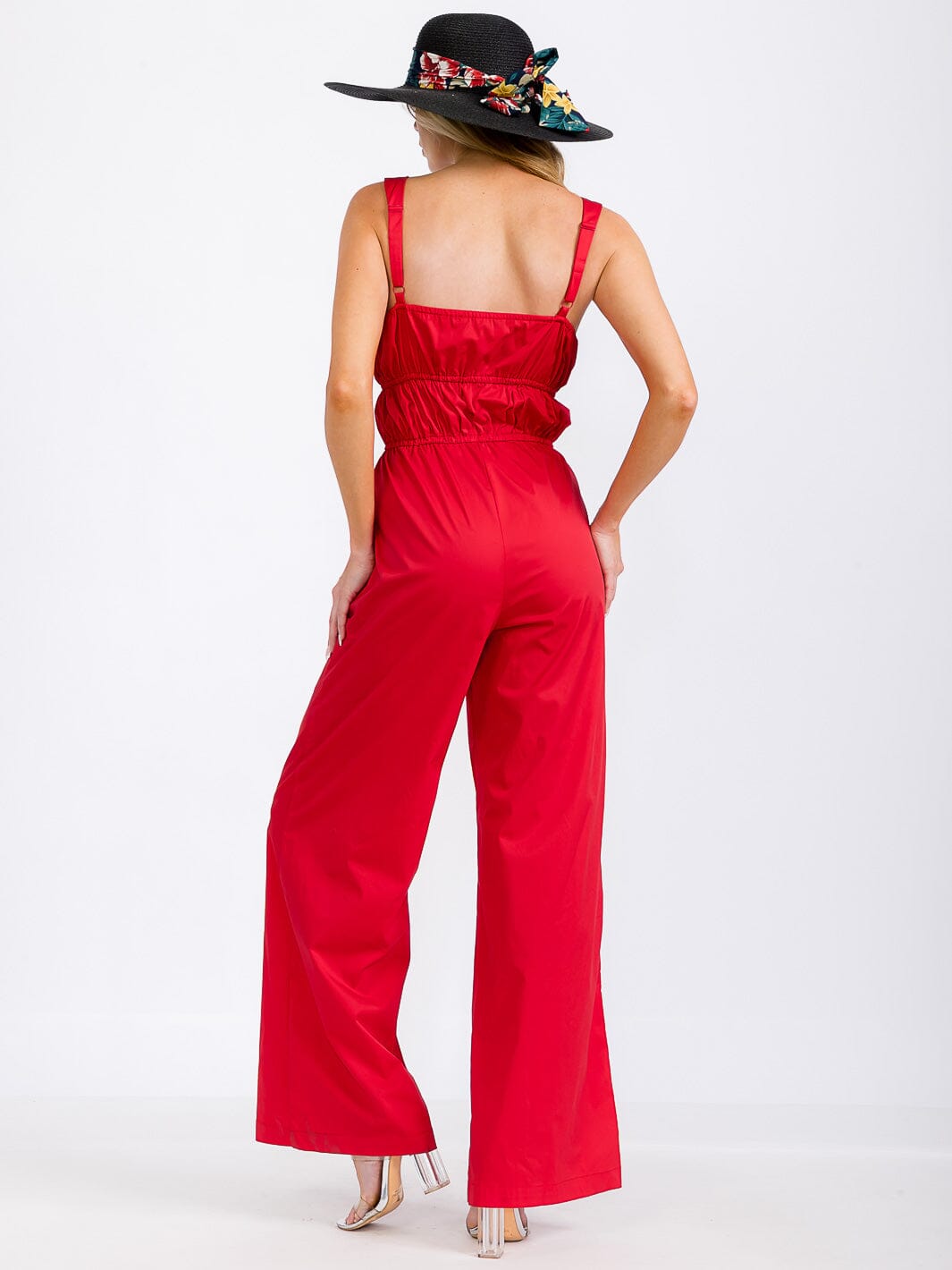 WOMEN'S SLEEVELESS RUCHED FRONT POCKETS WIDE LEG JUMPSUIT