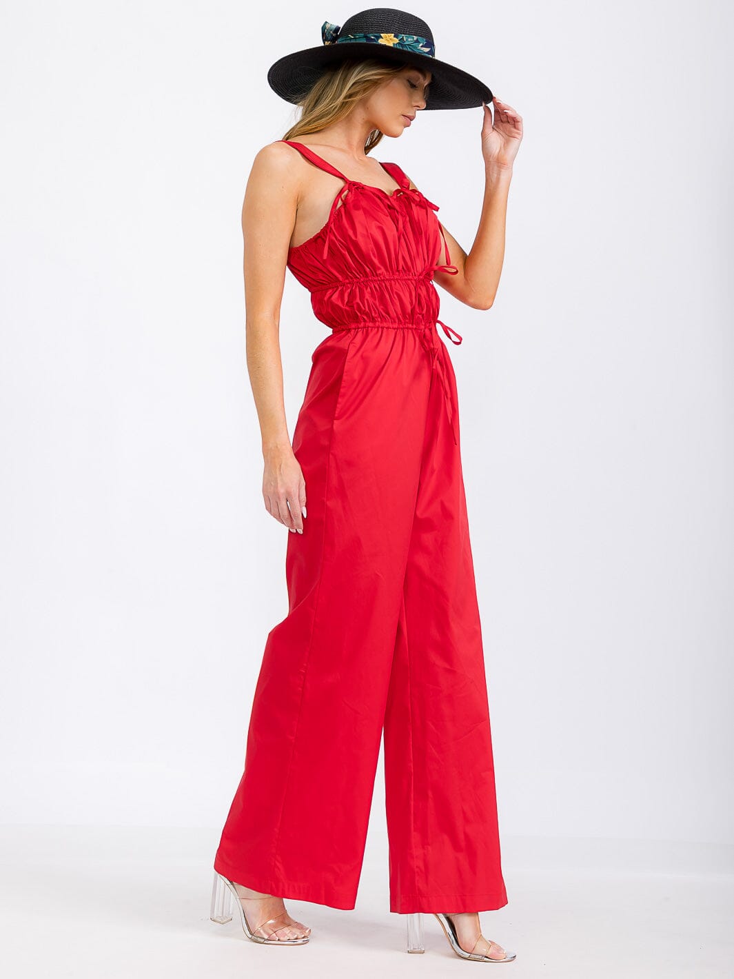 WOMEN'S SLEEVELESS RUCHED FRONT POCKETS WIDE LEG JUMPSUIT