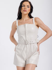 WOMEN'S SLEEVELESS ZIPPER CLOSURE POCKETS FRONT BELT PU PLEATHER ROMPER