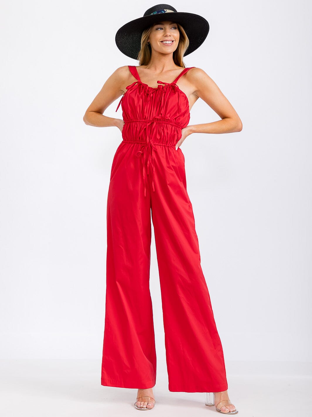 WOMEN'S SLEEVELESS RUCHED FRONT POCKETS WIDE LEG JUMPSUIT