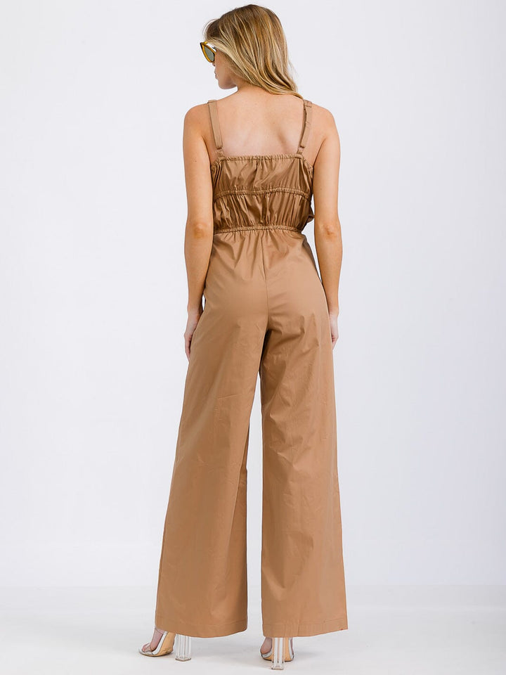WOMEN'S SLEEVELESS RUCHED FRONT POCKETS WIDE LEG JUMPSUIT