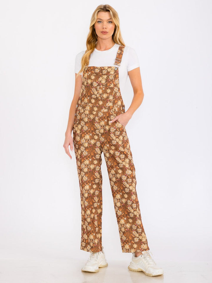 WOMEN'S SLEEVELESS POCKETS FLORAL PRINT CORDUROY WIDE LEG OVERALL