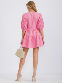 WOMEN'S SHORT PUFF SLEEVE V-NECK SMOCK TIERED FIT & FLARE MINI DRESS