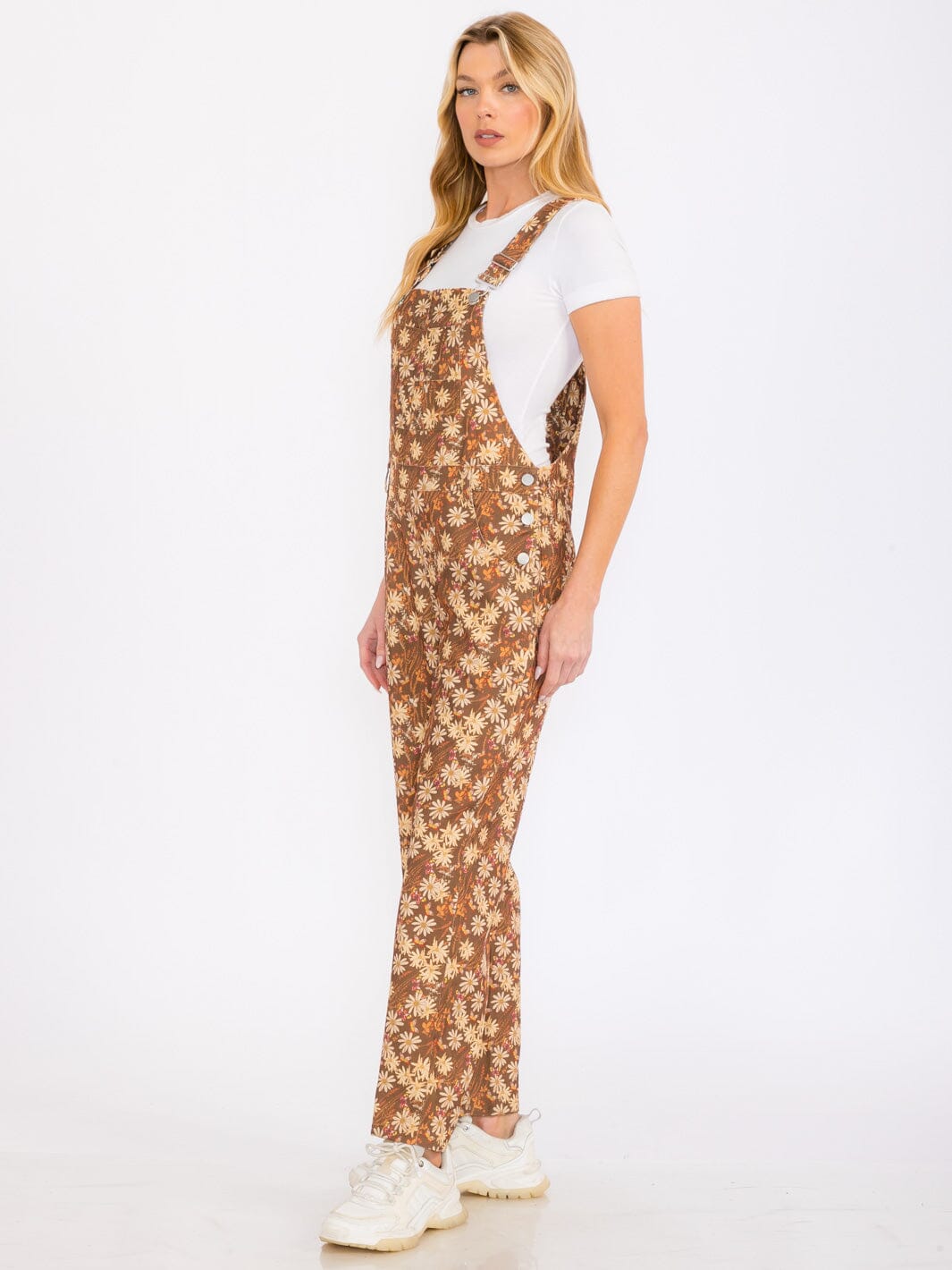 WOMEN'S SLEEVELESS POCKETS FLORAL PRINT CORDUROY WIDE LEG OVERALL