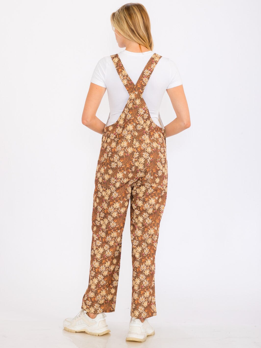 WOMEN'S SLEEVELESS POCKETS FLORAL PRINT CORDUROY WIDE LEG OVERALL