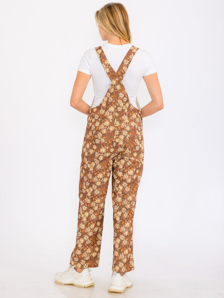 WOMEN'S SLEEVELESS POCKETS FLORAL PRINT CORDUROY WIDE LEG OVERALL
