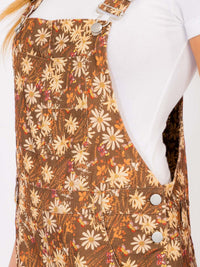 WOMEN'S SLEEVELESS POCKETS FLORAL PRINT CORDUROY WIDE LEG OVERALL