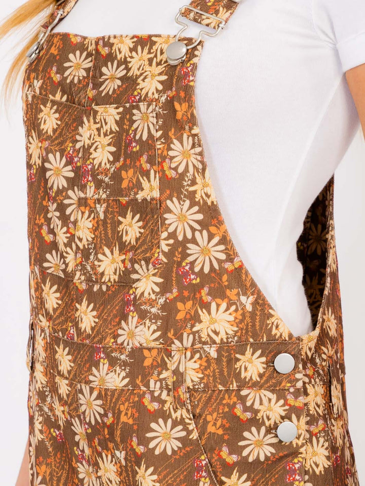 WOMEN'S SLEEVELESS POCKETS FLORAL PRINT CORDUROY WIDE LEG OVERALL