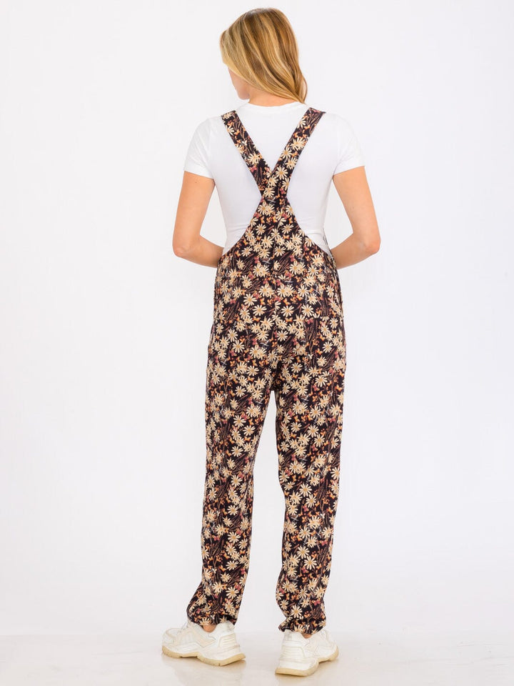 WOMEN'S SLEEVELESS POCKETS FLORAL PRINT CORDUROY WIDE LEG OVERALL