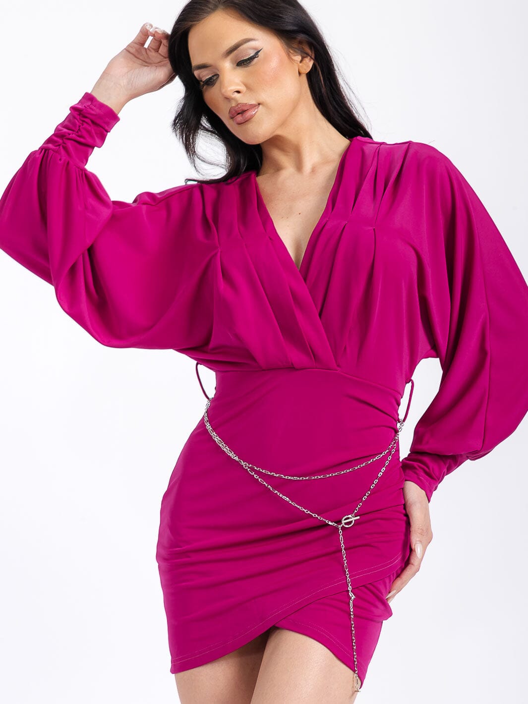 WOMEN'S LONG SLEEVE SURPLICE BODYCON MINI DRESS