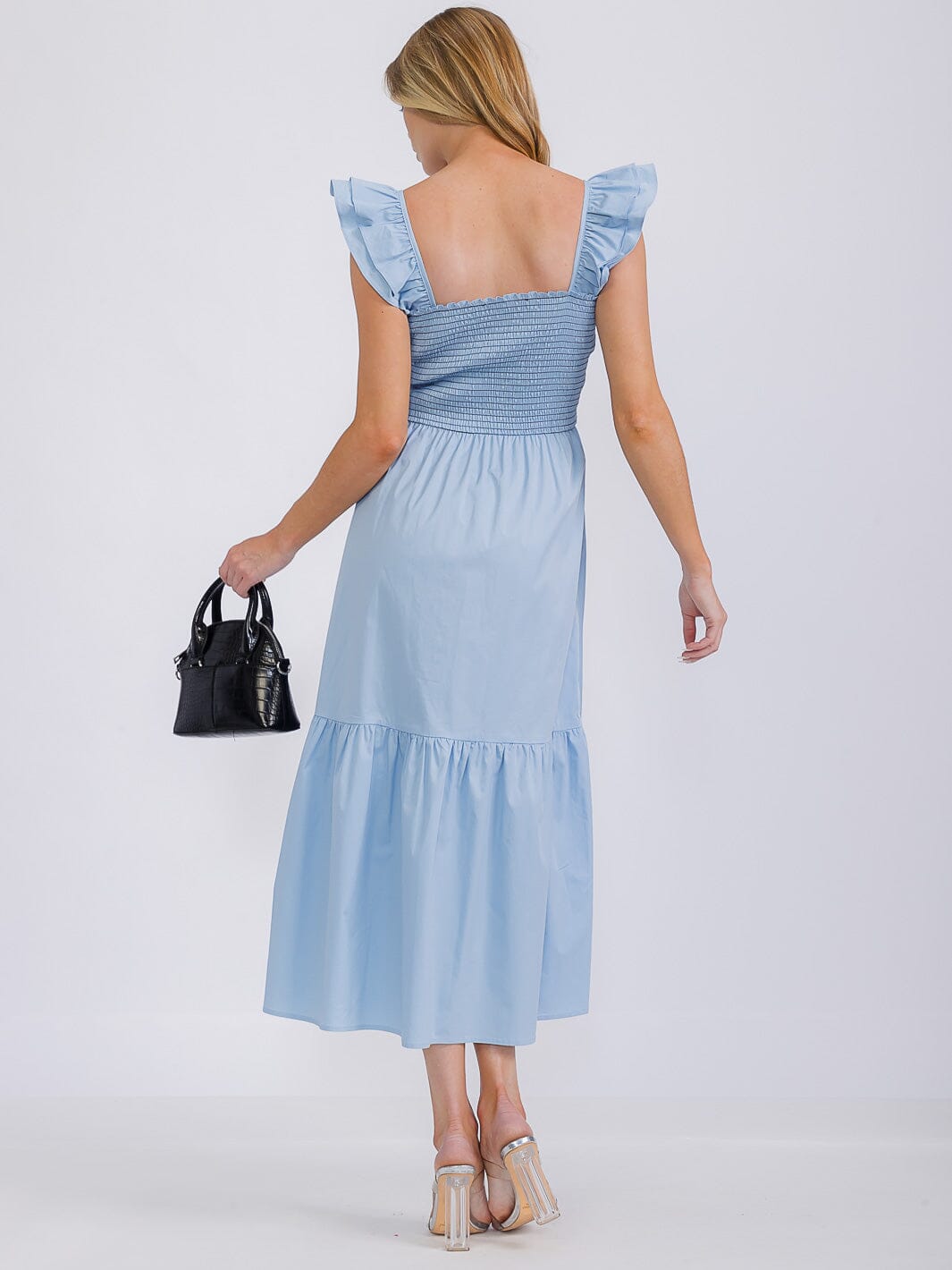 WOMEN'S SLEEVELESS SQUARE NECK SMOCK FRONT POCKETS TIERED MAXI DRESS