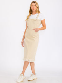 WOMEN'S SLEEVELESS FRONT POCKETS RAW EDGE DENIM MIDI DRESS