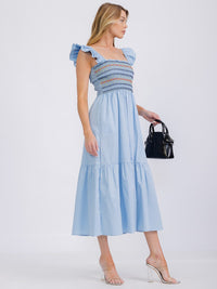 WOMEN'S SLEEVELESS SQUARE NECK SMOCK FRONT POCKETS TIERED MAXI DRESS