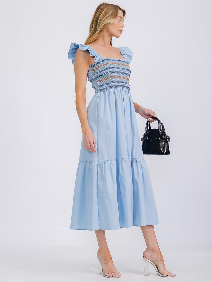 WOMEN'S SLEEVELESS SQUARE NECK SMOCK FRONT POCKETS TIERED MAXI DRESS