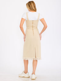 WOMEN'S SLEEVELESS FRONT POCKETS RAW EDGE DENIM MIDI DRESS