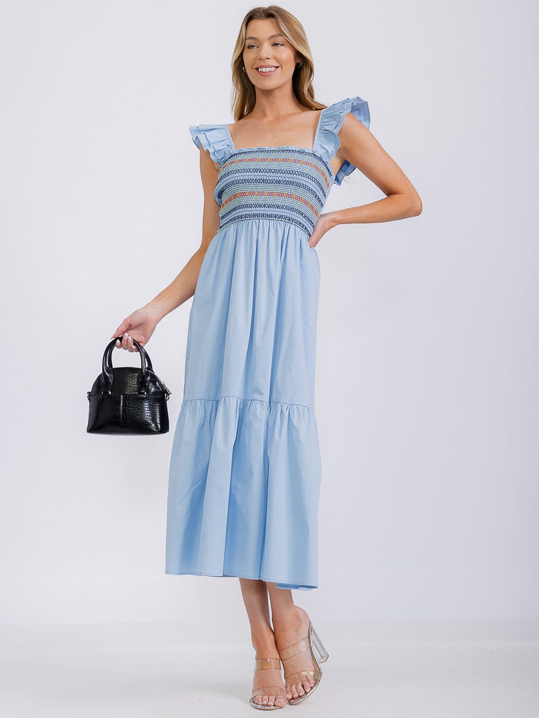 WOMEN'S SLEEVELESS SQUARE NECK SMOCK FRONT POCKETS TIERED MAXI DRESS