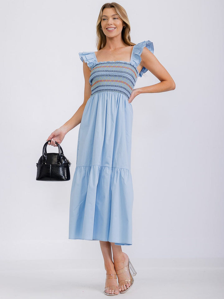 WOMEN'S SLEEVELESS SQUARE NECK SMOCK FRONT POCKETS TIERED MAXI DRESS