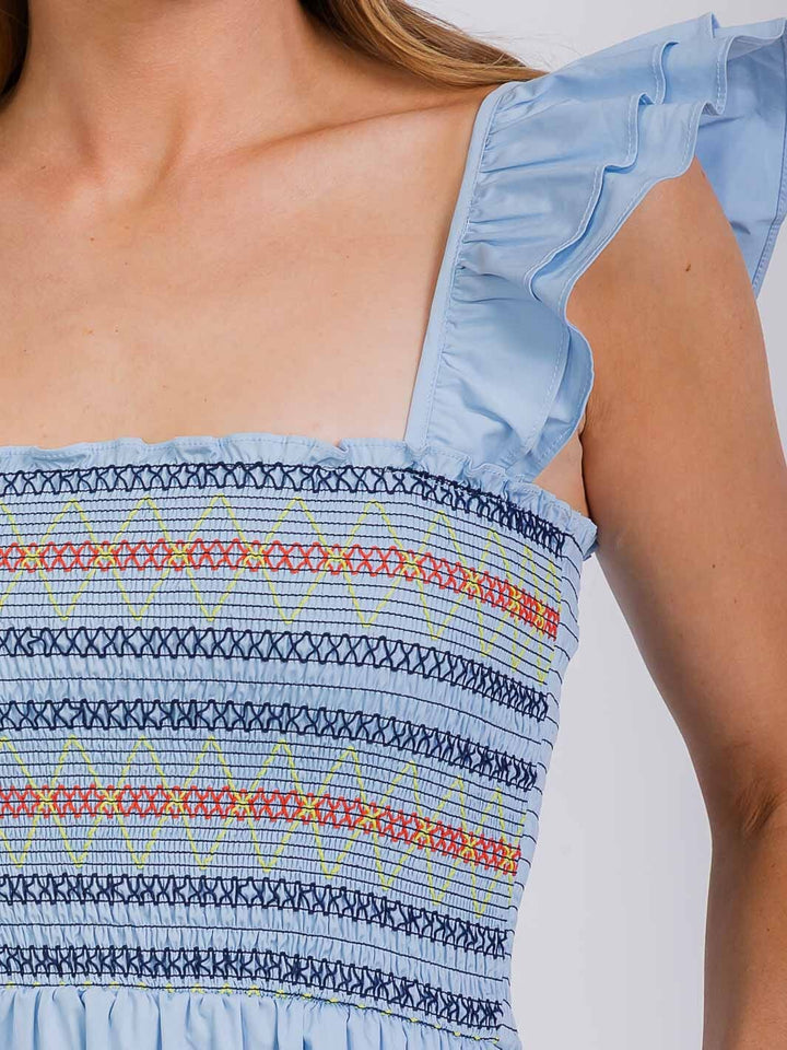 WOMEN'S SLEEVELESS SQUARE NECK SMOCK FRONT POCKETS TIERED MAXI DRESS