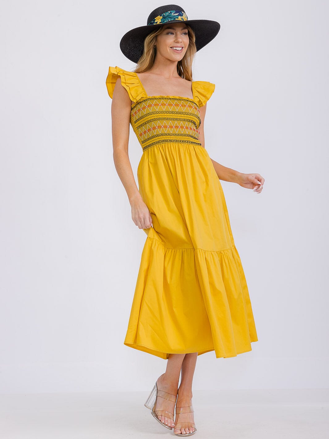 WOMEN'S SLEEVELESS SQUARE NECK SMOCK FRONT POCKETS TIERED MAXI DRESS