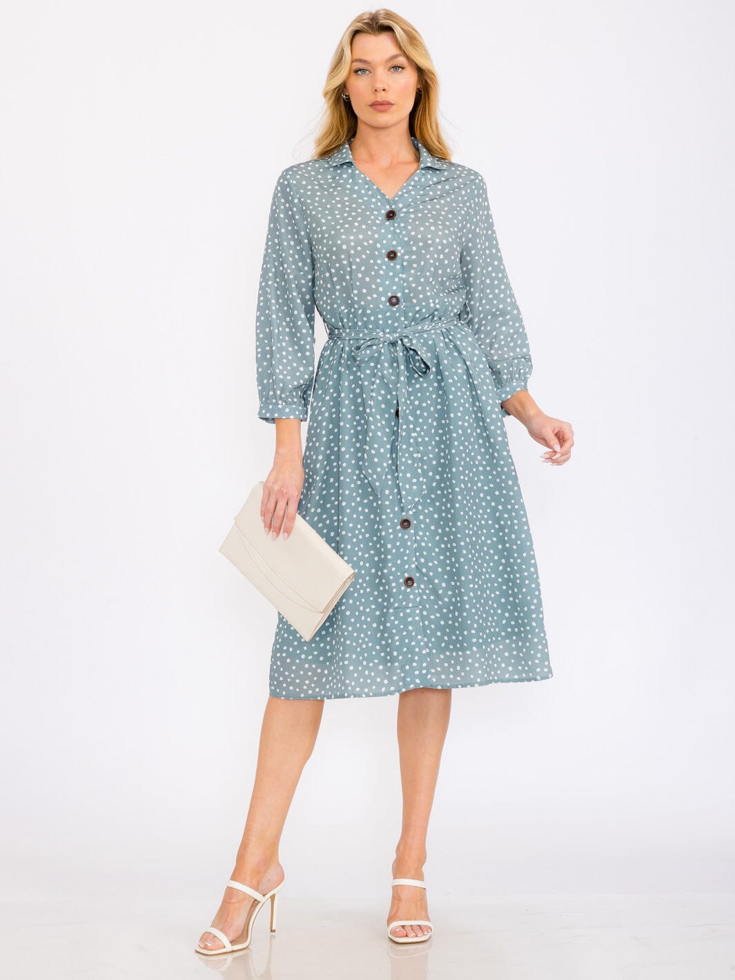 WOMEN'S 3/4 SLEEVE BUTTON UP SELF TIE POLKA DOTS PRINT MIDI DRESS