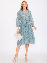 WOMEN'S 3/4 SLEEVE BUTTON UP SELF TIE POLKA DOTS PRINT MIDI DRESS