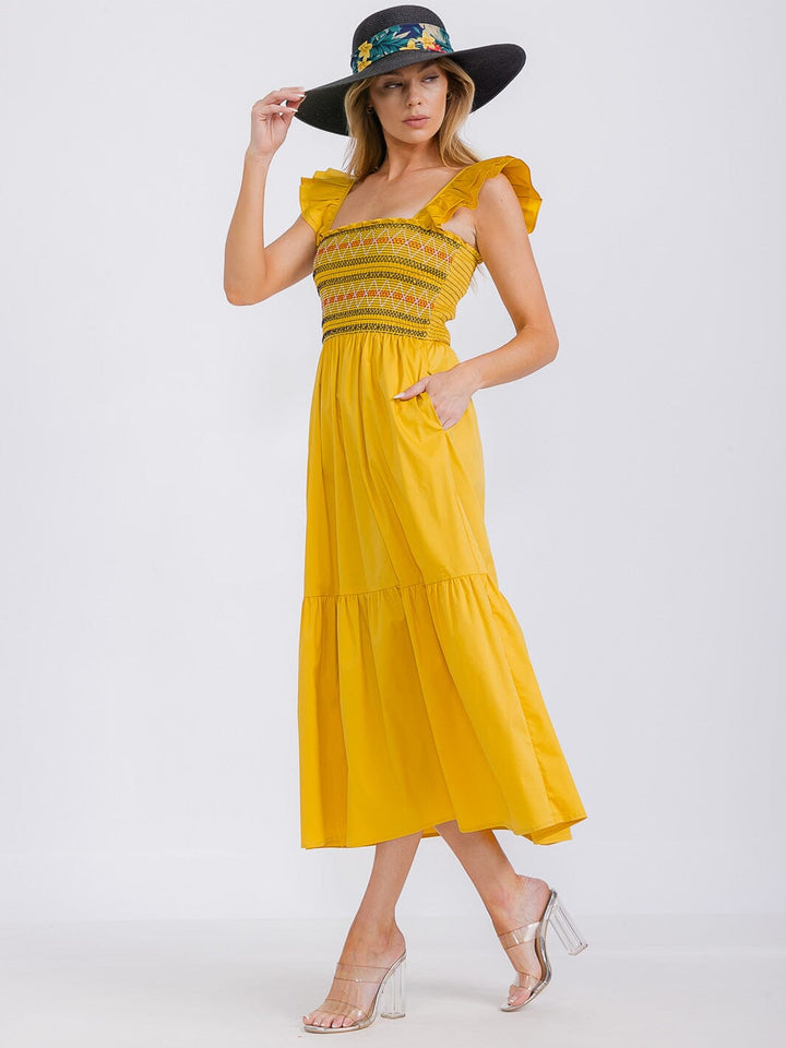 WOMEN'S SLEEVELESS SQUARE NECK SMOCK FRONT POCKETS TIERED MAXI DRESS