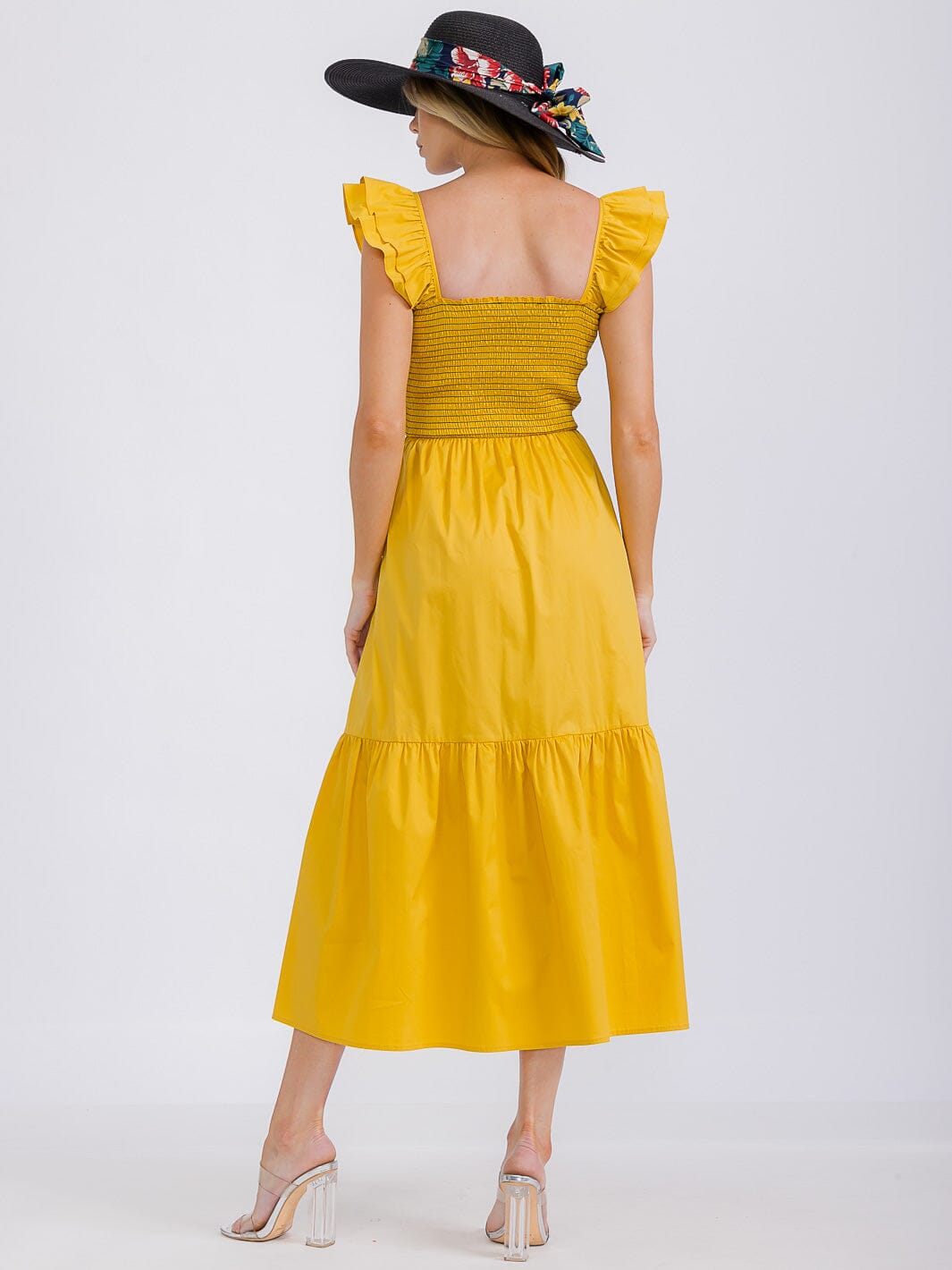 WOMEN'S SLEEVELESS SQUARE NECK SMOCK FRONT POCKETS TIERED MAXI DRESS