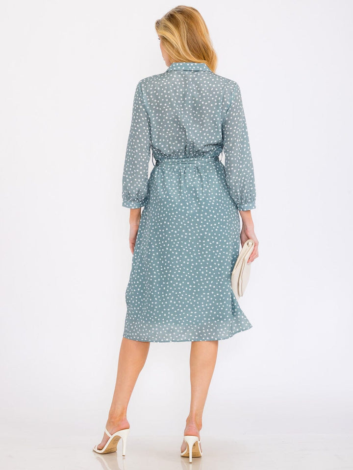 WOMEN'S 3/4 SLEEVE BUTTON UP SELF TIE POLKA DOTS PRINT MIDI DRESS