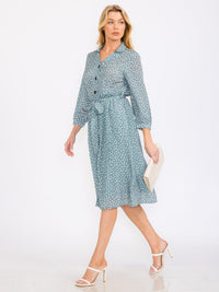WOMEN'S 3/4 SLEEVE BUTTON UP SELF TIE POLKA DOTS PRINT MIDI DRESS