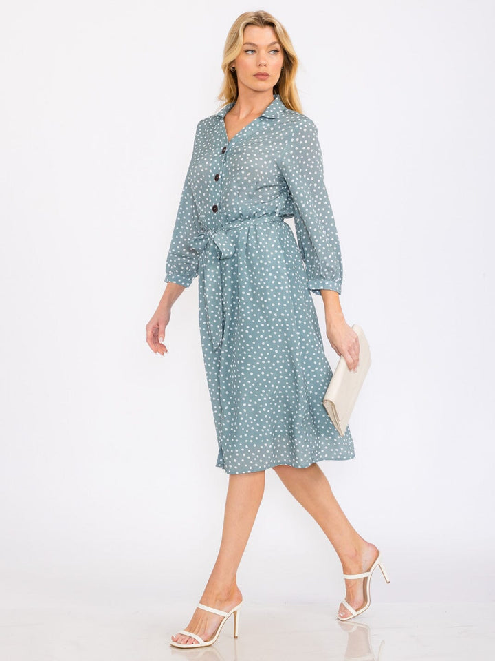 WOMEN'S 3/4 SLEEVE BUTTON UP SELF TIE POLKA DOTS PRINT MIDI DRESS