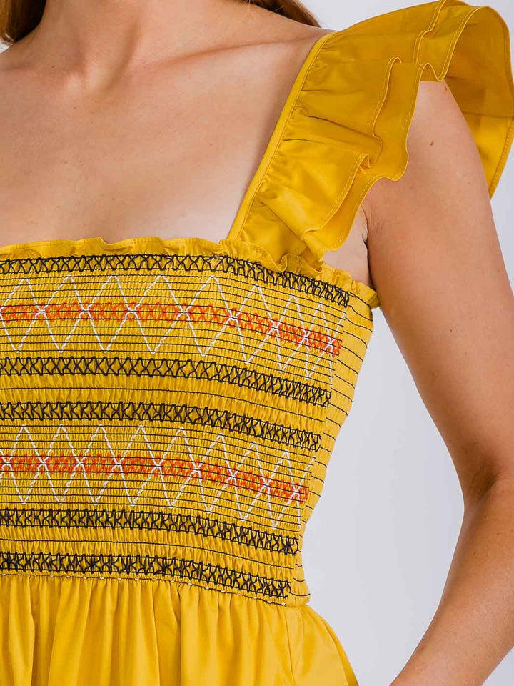 WOMEN'S SLEEVELESS SQUARE NECK SMOCK FRONT POCKETS TIERED MAXI DRESS