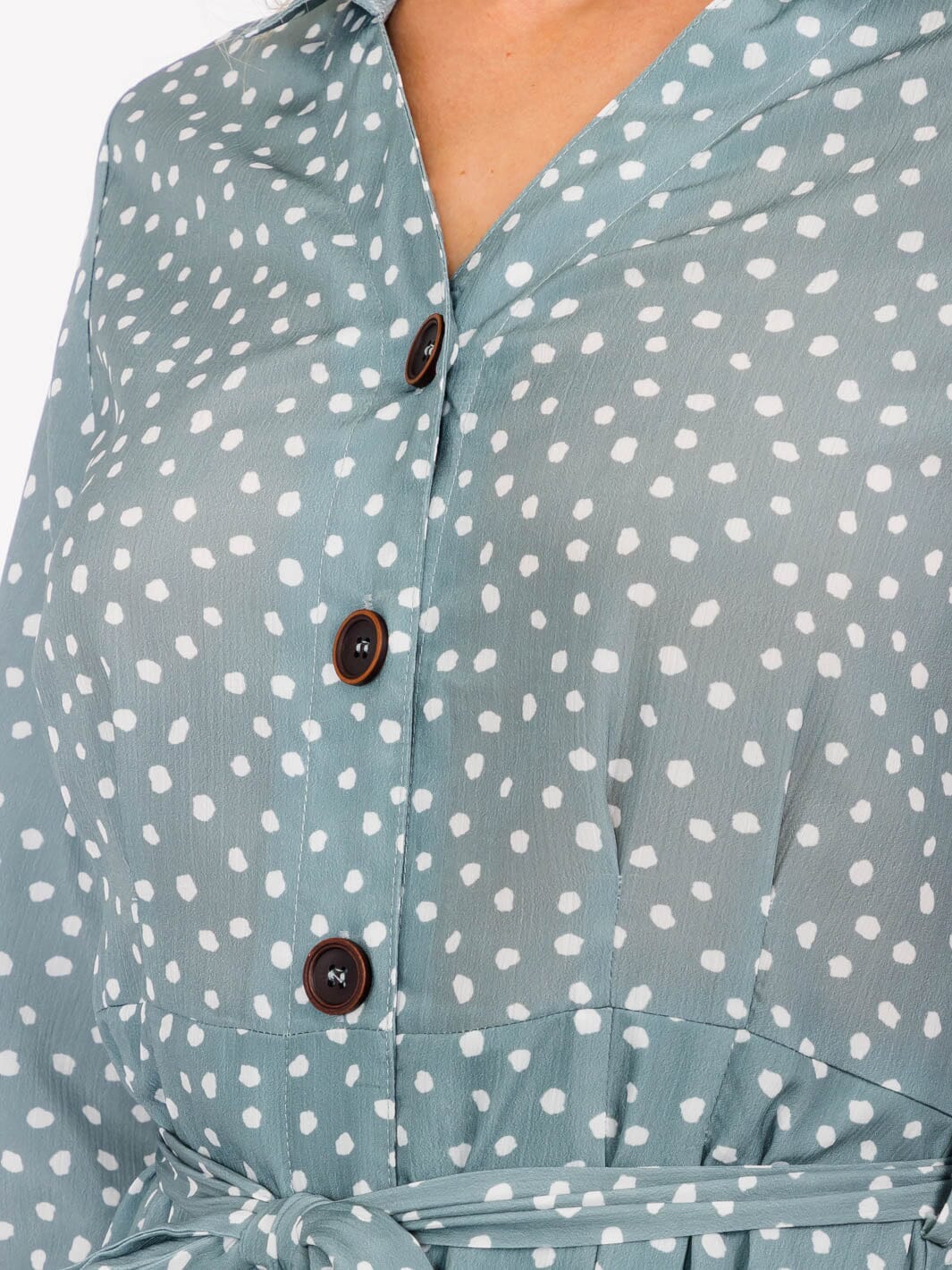 WOMEN'S 3/4 SLEEVE BUTTON UP SELF TIE POLKA DOTS PRINT MIDI DRESS