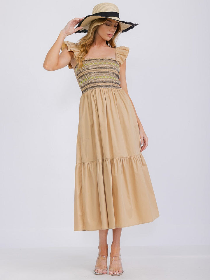 WOMEN'S SLEEVELESS SQUARE NECK SMOCK FRONT POCKETS TIERED MAXI DRESS